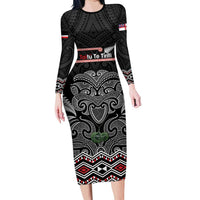 Aotearoa Toitu Te Tiriti Long Sleeve Bodycon Dress Stand Together! Stand Stronger! - NZ Tiki LT14 Long Dress Black - Polynesian Pride