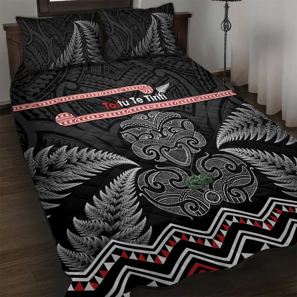 Aotearoa Toitu Te Tiriti Quilt Bed Set Stand Together! Stand Stronger! - NZ Tiki LT14 Black - Polynesian Pride