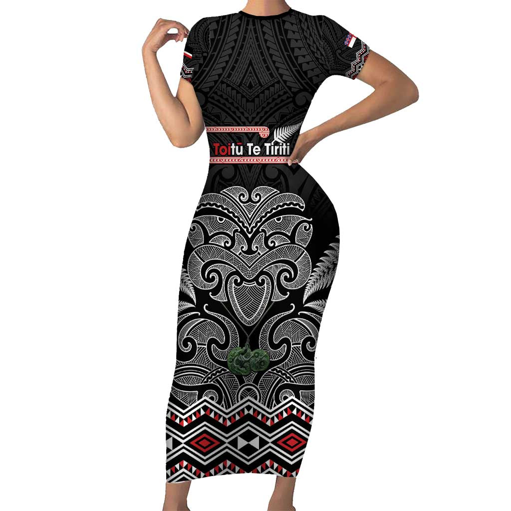 Aotearoa Toitu Te Tiriti Short Sleeve Bodycon Dress Stand Together! Stand Stronger! - NZ Tiki LT14 Long Dress Black - Polynesian Pride