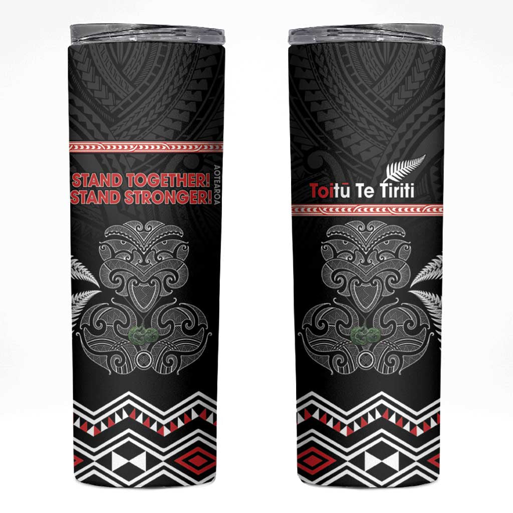 Aotearoa Toitu Te Tiriti Skinny Tumbler Stand Together! Stand Stronger! - NZ Tiki LT14 Black - Polynesian Pride