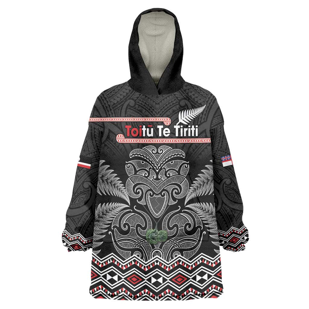 Aotearoa Toitu Te Tiriti Wearable Blanket Hoodie Stand Together! Stand Stronger! - NZ Tiki LT14 One Size Black - Polynesian Pride