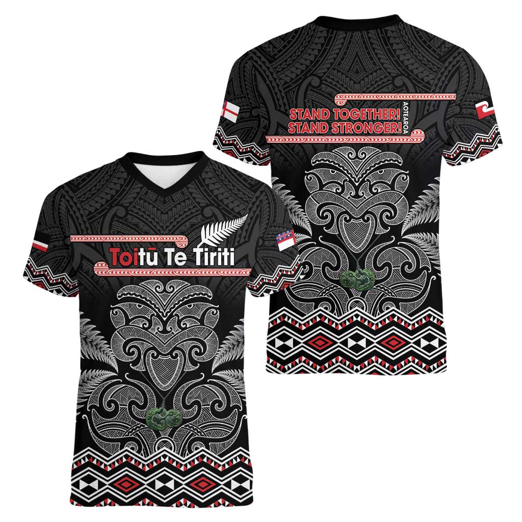 Aotearoa Toitu Te Tiriti Women V-Neck T-Shirt Stand Together! Stand Stronger! - NZ Tiki LT14 - Polynesian Pride