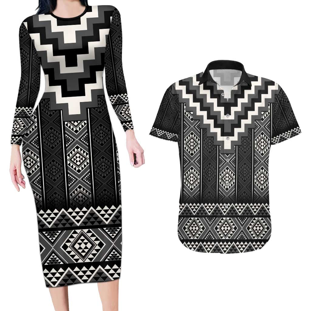 Black Taniko Aotearoa Couples Matching Long Sleeve Bodycon Dress and Hawaiian Shirt Niho Taniwha Mix Poutama LT14 Black - Polynesian Pride