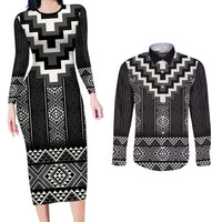 Black Taniko Aotearoa Couples Matching Long Sleeve Bodycon Dress and Long Sleeve Button Shirt Niho Taniwha Mix Poutama LT14 Black - Polynesian Pride