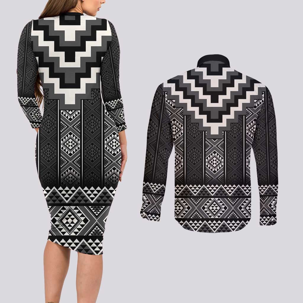 Black Taniko Aotearoa Couples Matching Long Sleeve Bodycon Dress and Long Sleeve Button Shirt Niho Taniwha Mix Poutama LT14 - Polynesian Pride