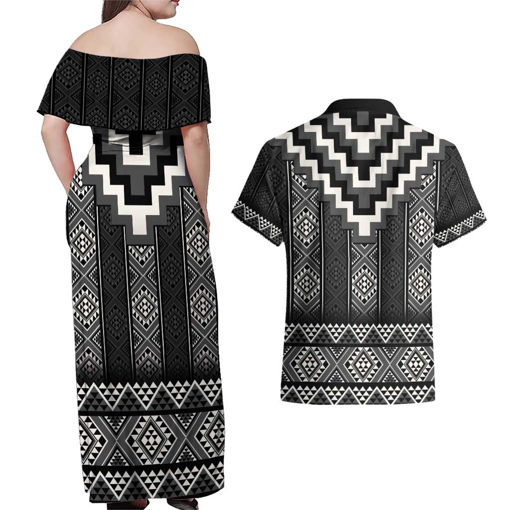 Black Taniko Aotearoa Couples Matching Off Shoulder Maxi Dress and Hawaiian Shirt Niho Taniwha Mix Poutama LT14 - Polynesian Pride
