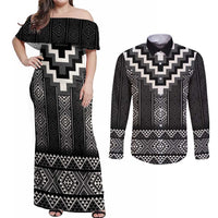 Black Taniko Aotearoa Couples Matching Off Shoulder Maxi Dress and Long Sleeve Button Shirt Niho Taniwha Mix Poutama LT14