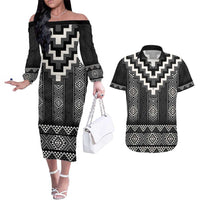 Black Taniko Aotearoa Couples Matching Off The Shoulder Long Sleeve Dress and Hawaiian Shirt Niho Taniwha Mix Poutama LT14 Black - Polynesian Pride