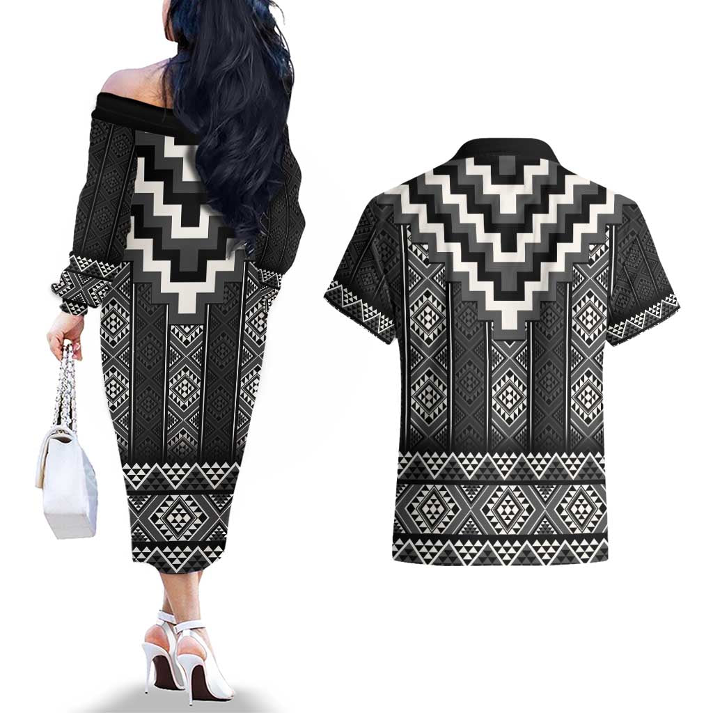 Black Taniko Aotearoa Couples Matching Off The Shoulder Long Sleeve Dress and Hawaiian Shirt Niho Taniwha Mix Poutama LT14 - Polynesian Pride