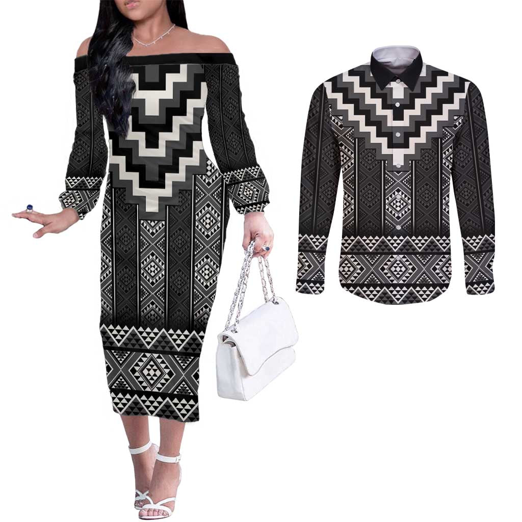 Black Taniko Aotearoa Couples Matching Off The Shoulder Long Sleeve Dress and Long Sleeve Button Shirt Niho Taniwha Mix Poutama LT14 Black - Polynesian Pride