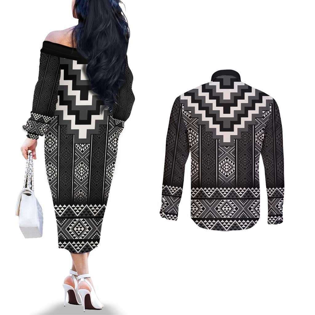 Black Taniko Aotearoa Couples Matching Off The Shoulder Long Sleeve Dress and Long Sleeve Button Shirt Niho Taniwha Mix Poutama LT14 - Polynesian Pride