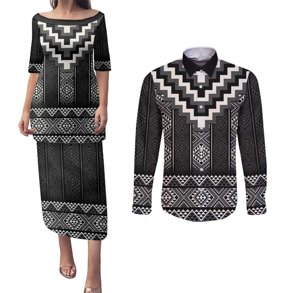 Black Taniko Aotearoa Couples Matching Puletasi and Long Sleeve Button Shirt Niho Taniwha Mix Poutama LT14 Black - Polynesian Pride