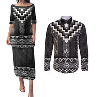 Black Taniko Aotearoa Couples Matching Puletasi and Long Sleeve Button Shirt Niho Taniwha Mix Poutama LT14 Black - Polynesian Pride