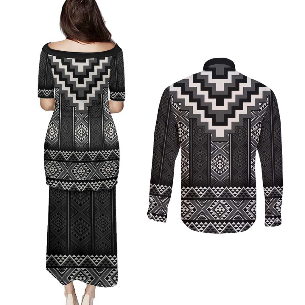 Black Taniko Aotearoa Couples Matching Puletasi and Long Sleeve Button Shirt Niho Taniwha Mix Poutama LT14 - Polynesian Pride