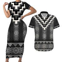 Black Taniko Aotearoa Couples Matching Short Sleeve Bodycon Dress and Hawaiian Shirt Niho Taniwha Mix Poutama LT14 Black - Polynesian Pride