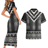 Black Taniko Aotearoa Couples Matching Short Sleeve Bodycon Dress and Hawaiian Shirt Niho Taniwha Mix Poutama LT14 - Polynesian Pride