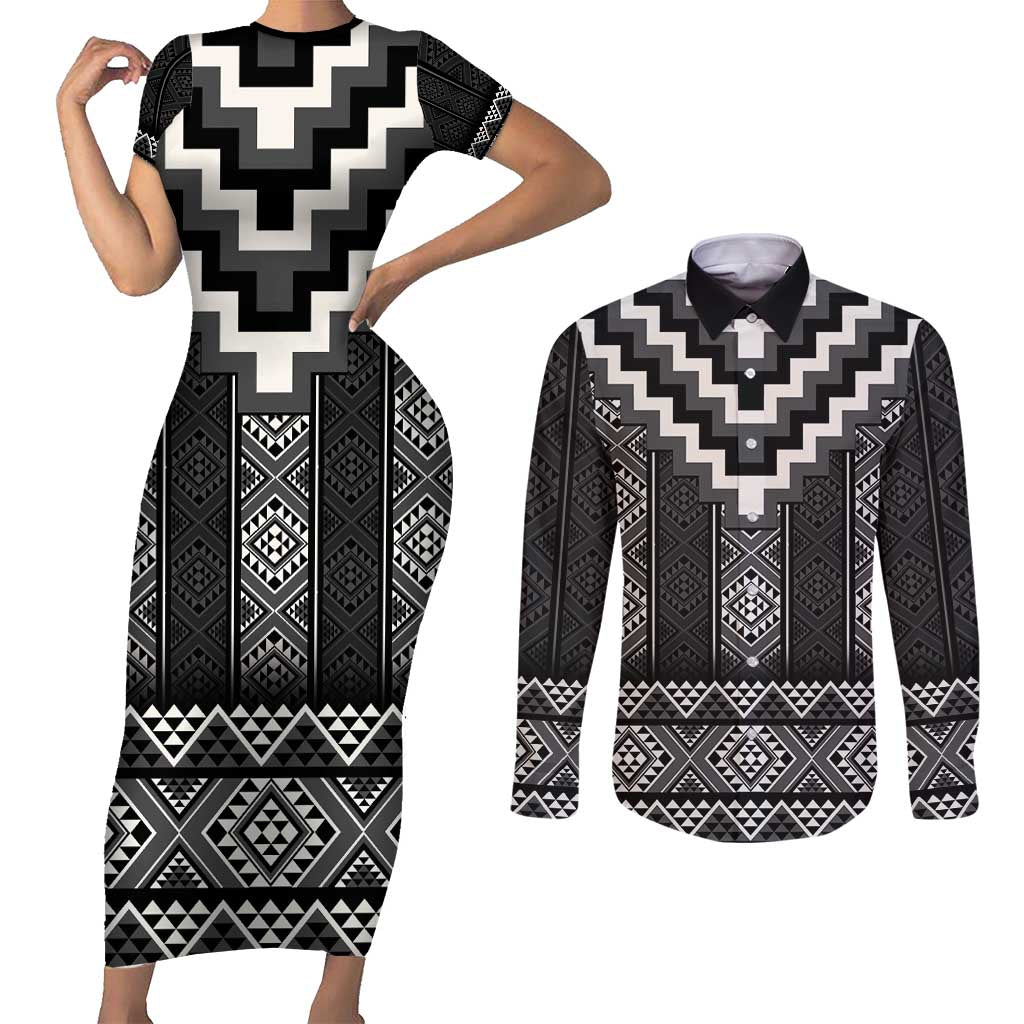 Black Taniko Aotearoa Couples Matching Short Sleeve Bodycon Dress and Long Sleeve Button Shirt Niho Taniwha Mix Poutama LT14 Black - Polynesian Pride