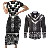 Black Taniko Aotearoa Couples Matching Short Sleeve Bodycon Dress and Long Sleeve Button Shirt Niho Taniwha Mix Poutama LT14 Black - Polynesian Pride