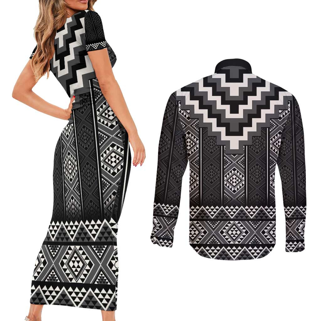 Black Taniko Aotearoa Couples Matching Short Sleeve Bodycon Dress and Long Sleeve Button Shirt Niho Taniwha Mix Poutama LT14 - Polynesian Pride