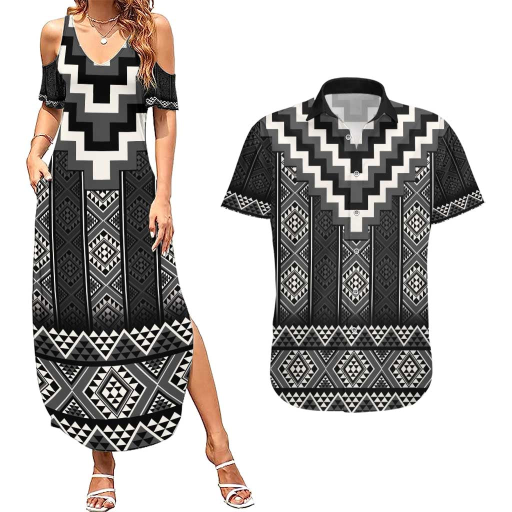 Black Taniko Aotearoa Couples Matching Summer Maxi Dress and Hawaiian Shirt Niho Taniwha Mix Poutama LT14 Black - Polynesian Pride