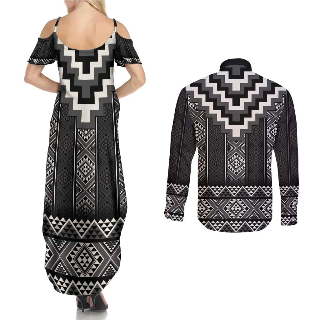 Black Taniko Aotearoa Couples Matching Summer Maxi Dress and Long Sleeve Button Shirt Niho Taniwha Mix Poutama LT14