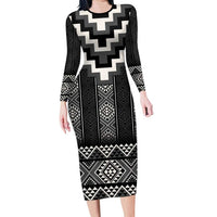 Black Taniko Aotearoa Family Matching Long Sleeve Bodycon Dress and Hawaiian Shirt Niho Taniwha Mix Poutama LT14 Mom's Dress Black - Polynesian Pride