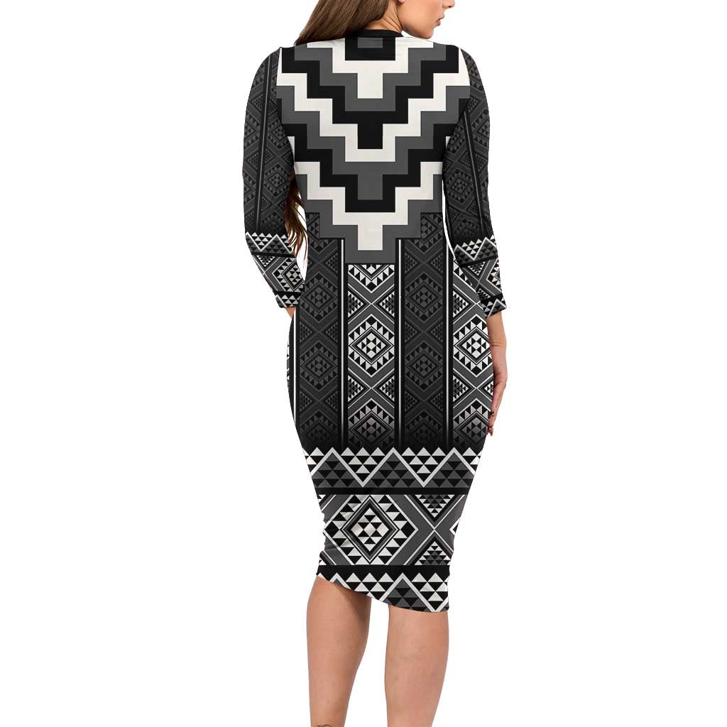 Black Taniko Aotearoa Family Matching Long Sleeve Bodycon Dress and Hawaiian Shirt Niho Taniwha Mix Poutama LT14 - Polynesian Pride