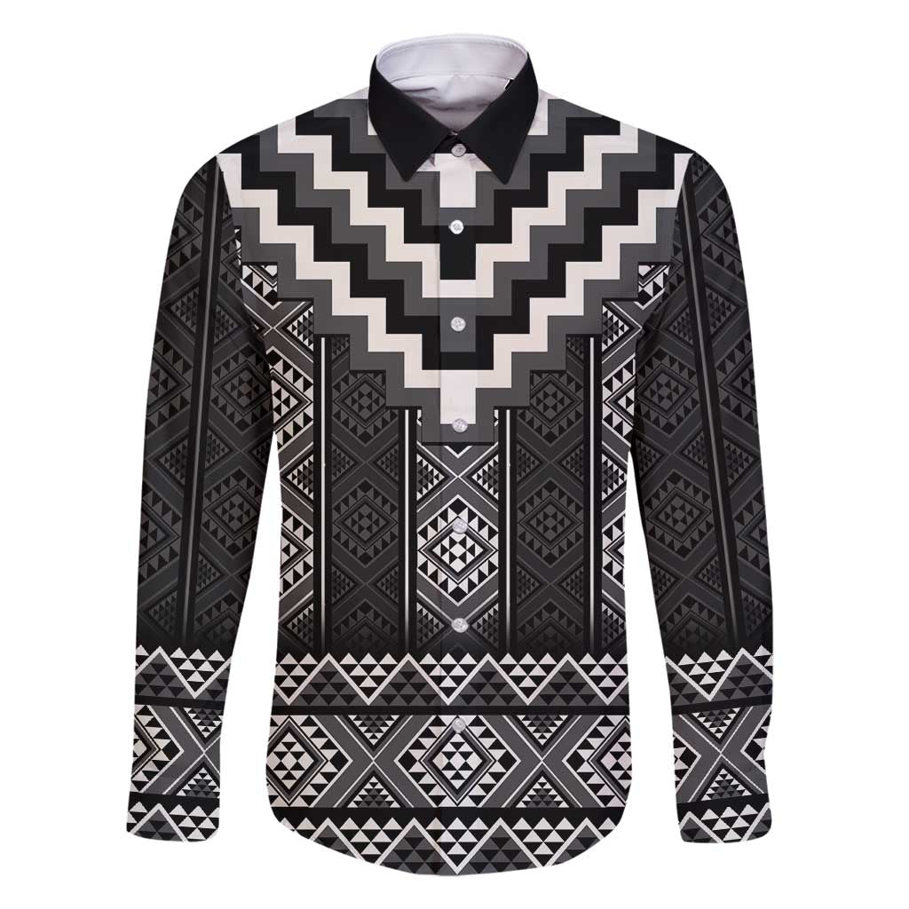 Black Taniko Aotearoa Family Matching Mermaid Dress and Hawaiian Shirt Niho Taniwha Mix Poutama LT14 Dad's Shirt - Long Sleeve Black - Polynesian Pride
