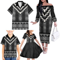 Black Taniko Aotearoa Family Matching Off The Shoulder Long Sleeve Dress and Hawaiian Shirt Niho Taniwha Mix Poutama LT14 - Polynesian Pride