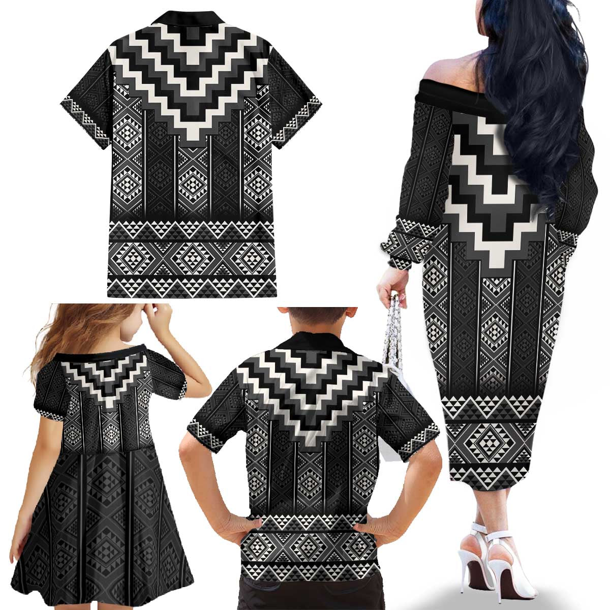 Black Taniko Aotearoa Family Matching Off The Shoulder Long Sleeve Dress and Hawaiian Shirt Niho Taniwha Mix Poutama LT14 - Polynesian Pride