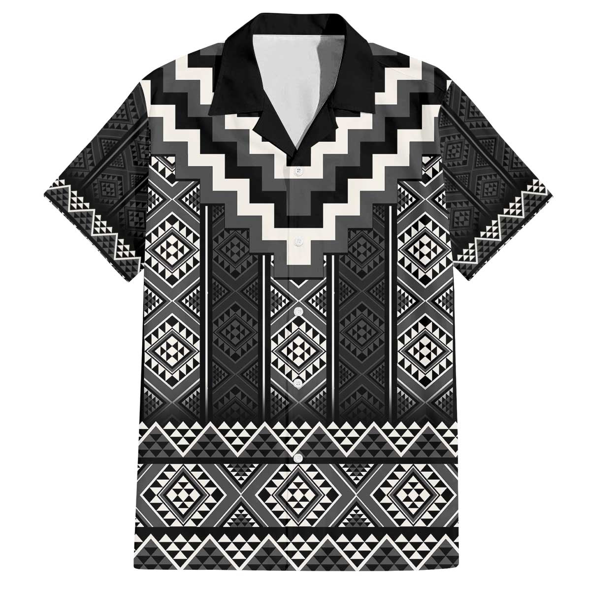 Black Taniko Aotearoa Family Matching Off The Shoulder Long Sleeve Dress and Hawaiian Shirt Niho Taniwha Mix Poutama LT14 Dad's Shirt - Short Sleeve Black - Polynesian Pride