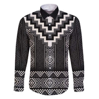 Black Taniko Aotearoa Family Matching Off The Shoulder Long Sleeve Dress and Hawaiian Shirt Niho Taniwha Mix Poutama LT14 Dad's Shirt - Long Sleeve Black - Polynesian Pride