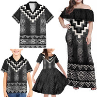 Black Taniko Aotearoa Family Matching Off Shoulder Maxi Dress and Hawaiian Shirt Niho Taniwha Mix Poutama LT14 - Polynesian Pride