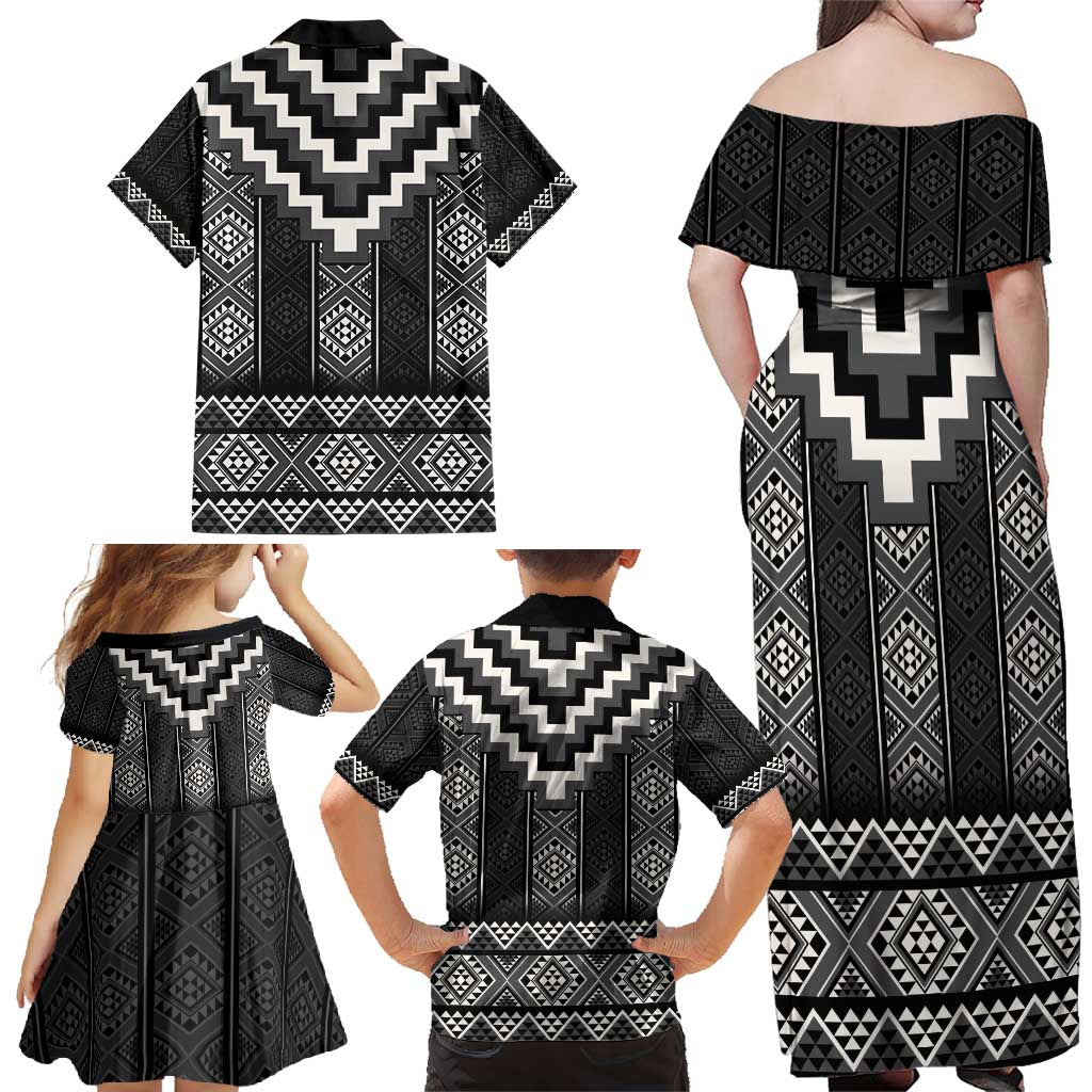 Black Taniko Aotearoa Family Matching Off Shoulder Maxi Dress and Hawaiian Shirt Niho Taniwha Mix Poutama LT14 - Polynesian Pride