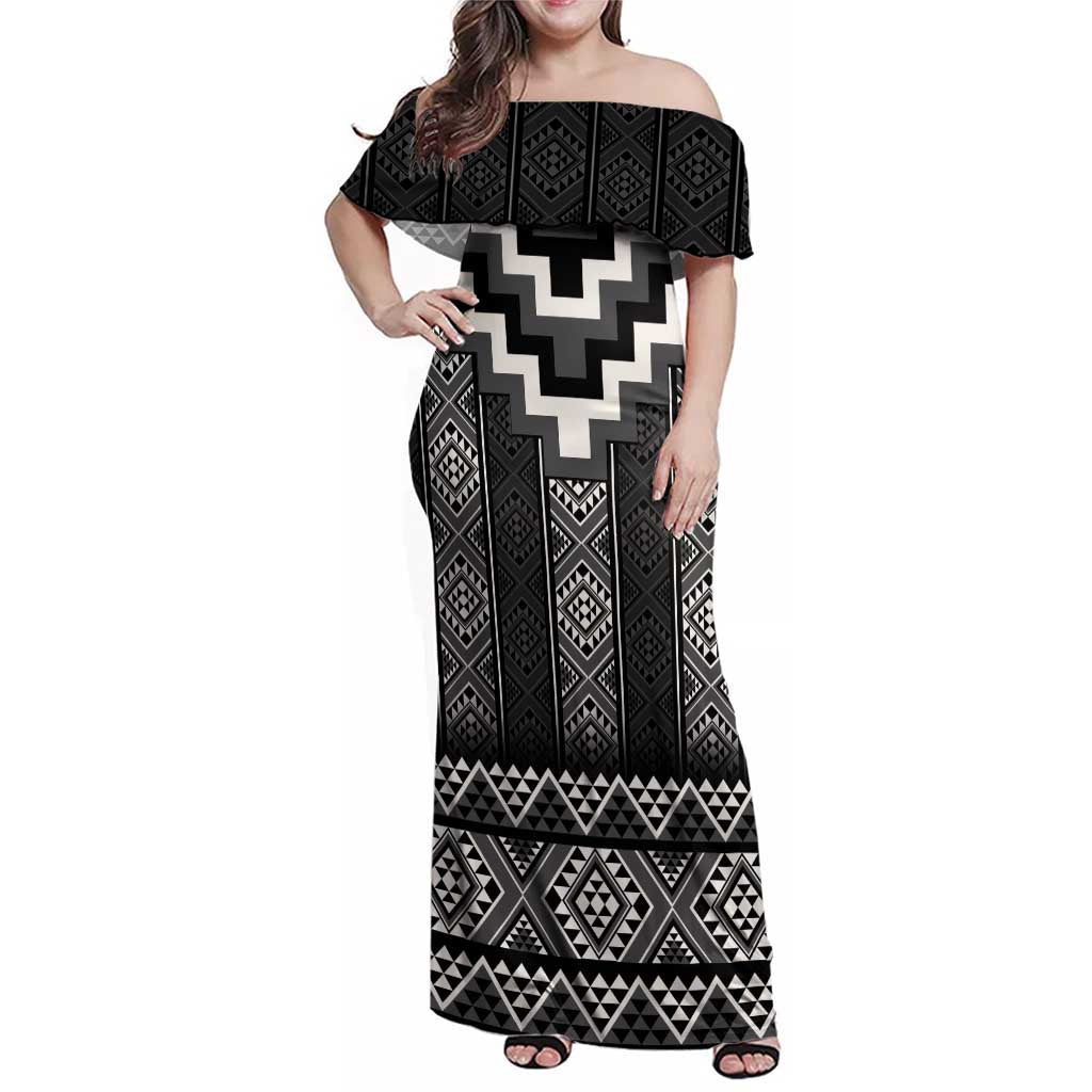 Black Taniko Aotearoa Family Matching Off Shoulder Maxi Dress and Hawaiian Shirt Niho Taniwha Mix Poutama LT14 Mom's Dress Black - Polynesian Pride