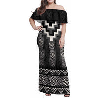 Black Taniko Aotearoa Family Matching Off Shoulder Maxi Dress and Hawaiian Shirt Niho Taniwha Mix Poutama LT14 Mom's Dress Black - Polynesian Pride