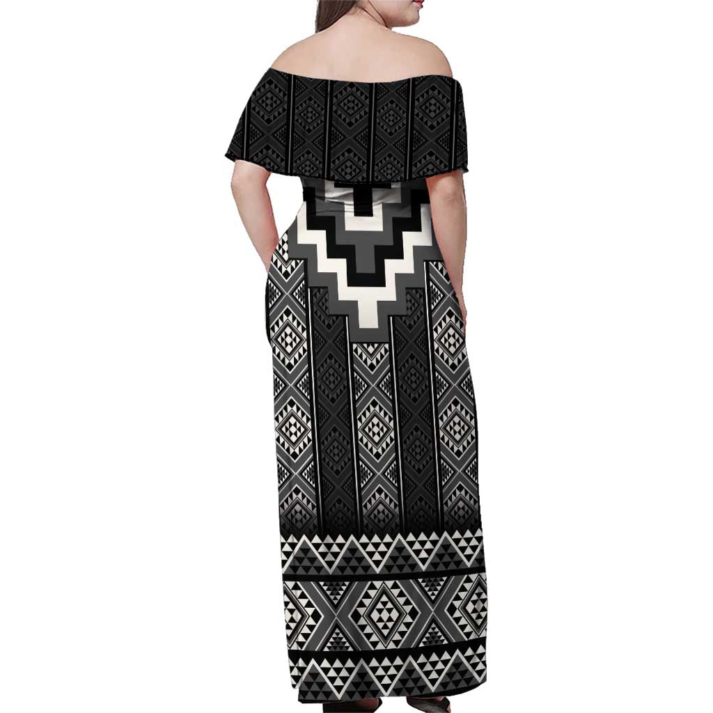 Black Taniko Aotearoa Family Matching Off Shoulder Maxi Dress and Hawaiian Shirt Niho Taniwha Mix Poutama LT14 - Polynesian Pride