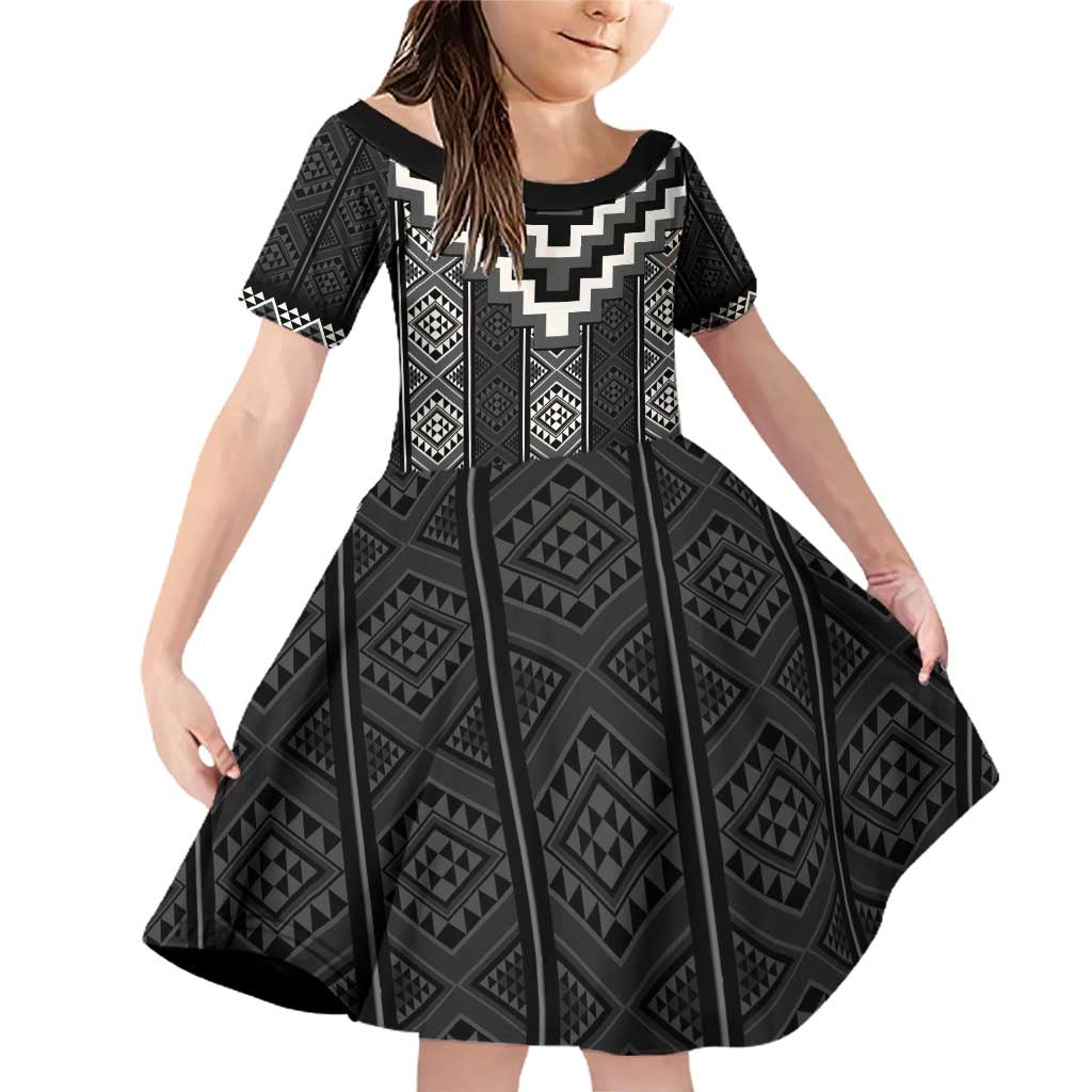 Black Taniko Aotearoa Family Matching Off Shoulder Short Dress and Hawaiian Shirt Niho Taniwha Mix Poutama LT14 Daughter's Dress Black - Polynesian Pride