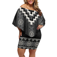 Black Taniko Aotearoa Family Matching Off Shoulder Short Dress and Hawaiian Shirt Niho Taniwha Mix Poutama LT14 Mom's Dress Black - Polynesian Pride