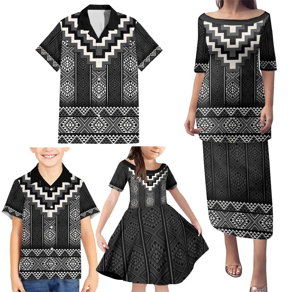 Black Taniko Aotearoa Family Matching Puletasi and Hawaiian Shirt Niho Taniwha Mix Poutama LT14 - Polynesian Pride