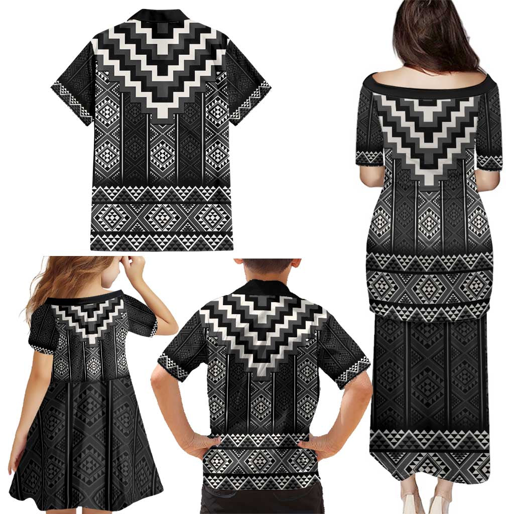 Black Taniko Aotearoa Family Matching Puletasi and Hawaiian Shirt Niho Taniwha Mix Poutama LT14 - Polynesian Pride