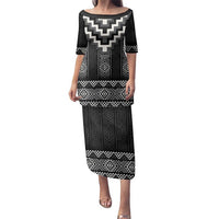 Black Taniko Aotearoa Family Matching Puletasi and Hawaiian Shirt Niho Taniwha Mix Poutama LT14 Mom's Dress Black - Polynesian Pride
