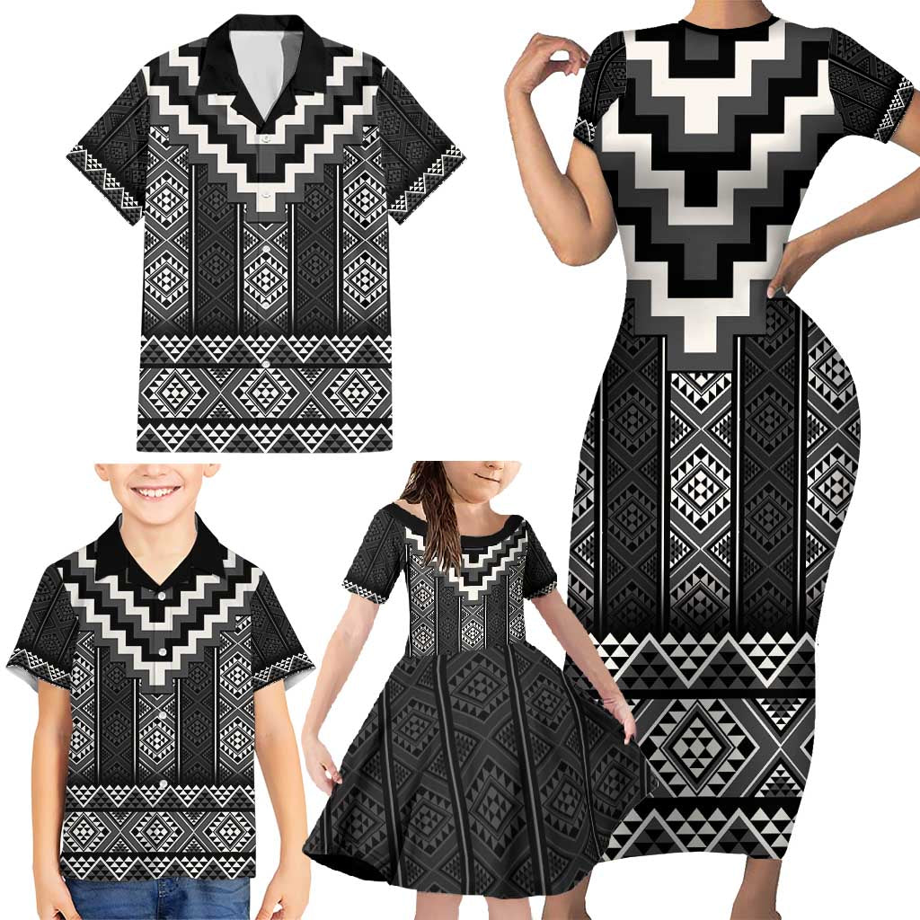 Black Taniko Aotearoa Family Matching Short Sleeve Bodycon Dress and Hawaiian Shirt Niho Taniwha Mix Poutama LT14 - Polynesian Pride