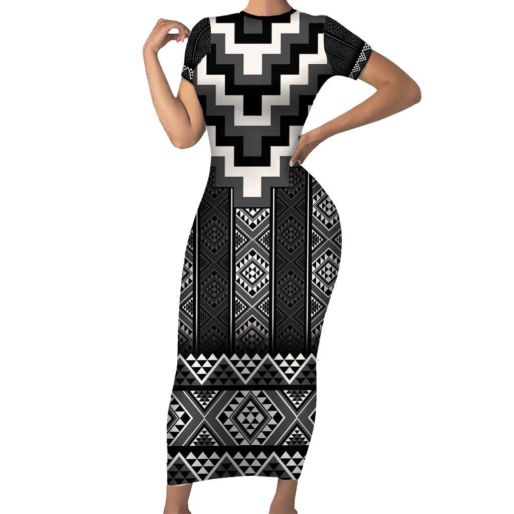 Black Taniko Aotearoa Family Matching Short Sleeve Bodycon Dress and Hawaiian Shirt Niho Taniwha Mix Poutama LT14 Mom's Dress Black - Polynesian Pride