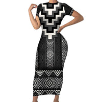 Black Taniko Aotearoa Family Matching Short Sleeve Bodycon Dress and Hawaiian Shirt Niho Taniwha Mix Poutama LT14 Mom's Dress Black - Polynesian Pride