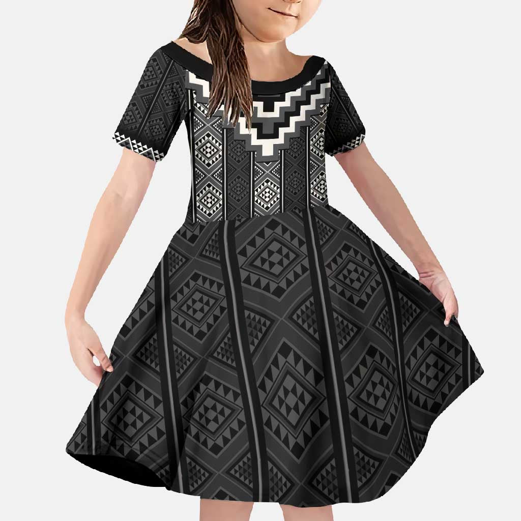 Black Taniko Aotearoa Family Matching Summer Maxi Dress and Hawaiian Shirt Niho Taniwha Mix Poutama LT14 Daughter's Dress Black - Polynesian Pride