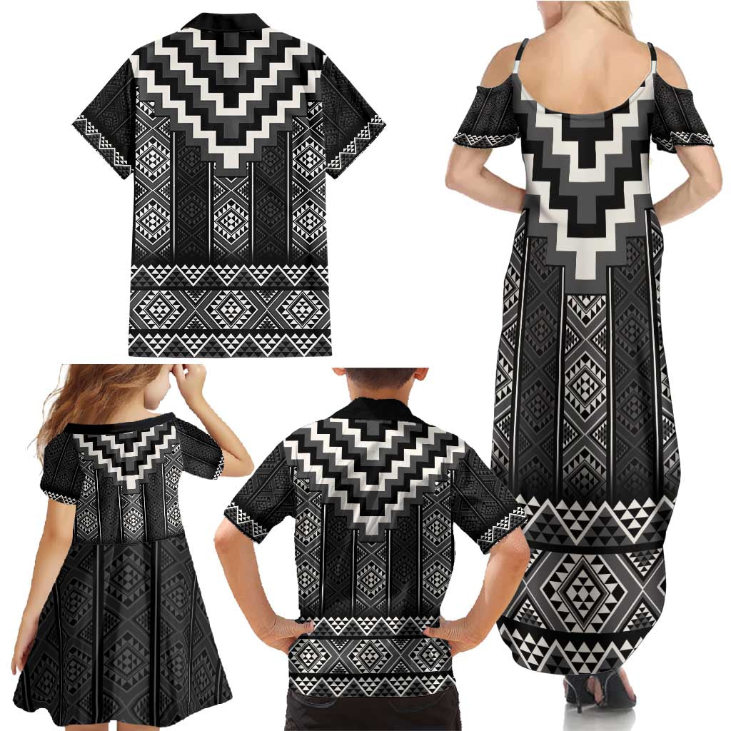Black Taniko Aotearoa Family Matching Summer Maxi Dress and Hawaiian Shirt Niho Taniwha Mix Poutama LT14 - Polynesian Pride