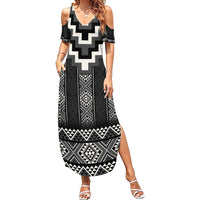 Black Taniko Aotearoa Family Matching Summer Maxi Dress and Hawaiian Shirt Niho Taniwha Mix Poutama LT14 Mom's Dress Black - Polynesian Pride