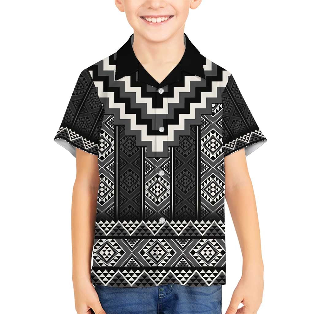 Black Taniko Aotearoa Family Matching Summer Maxi Dress and Hawaiian Shirt Niho Taniwha Mix Poutama LT14 Son's Shirt Black - Polynesian Pride