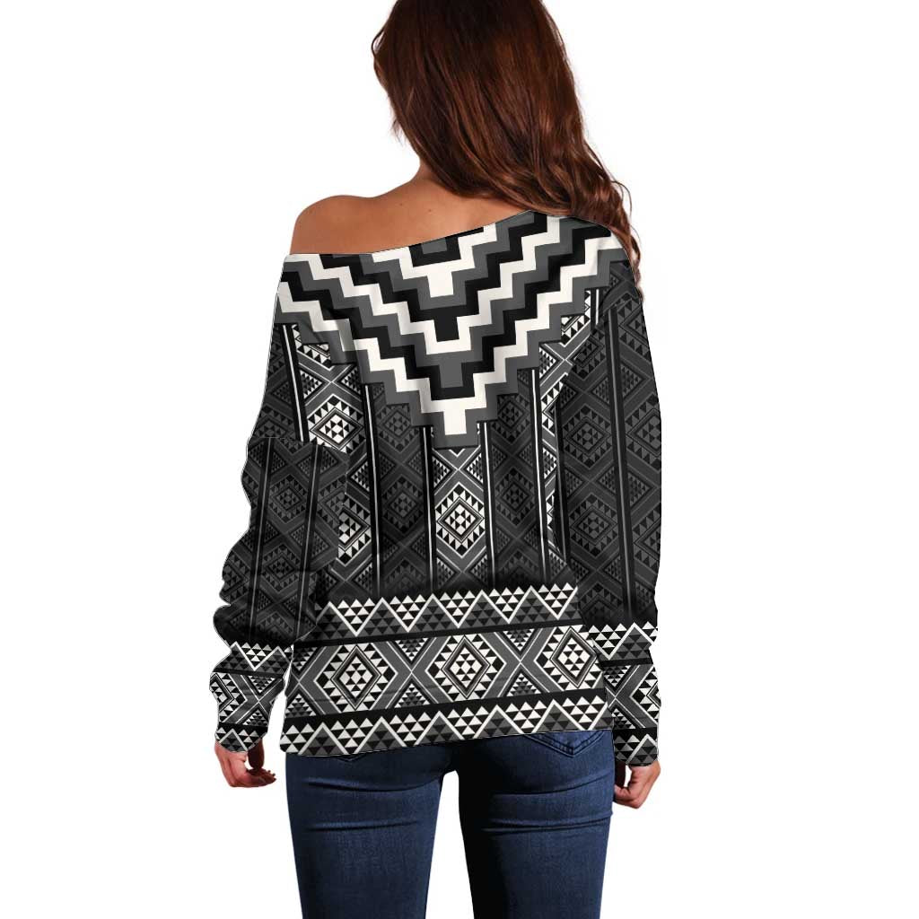Black Taniko Aotearoa Off Shoulder Sweater Niho Taniwha Mix Poutama LT14